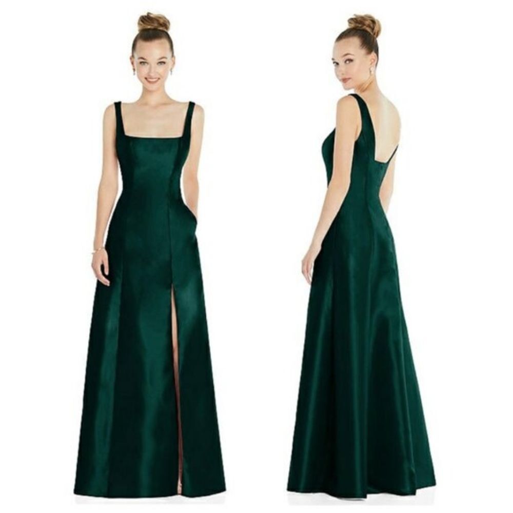 Alfred Sung D826 Hunter Green Satin Square Neck A-Line Gown Dress NWOT Sz 4
